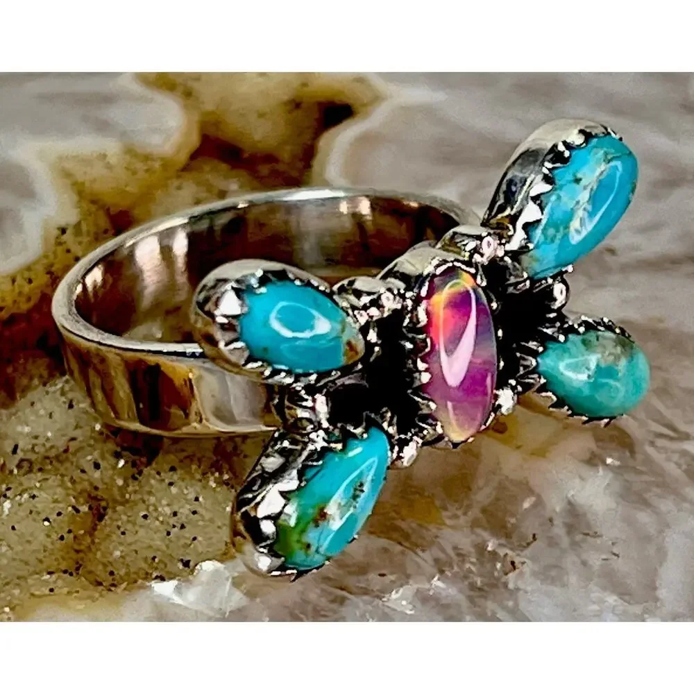 Southwest Sterling Silver Kingman Turquoise Pink Opal Butterfly Cluster Ring
